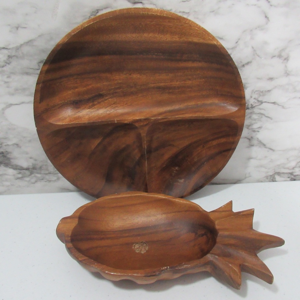 Wooden Pineapple Bowl and Divided Plate Set